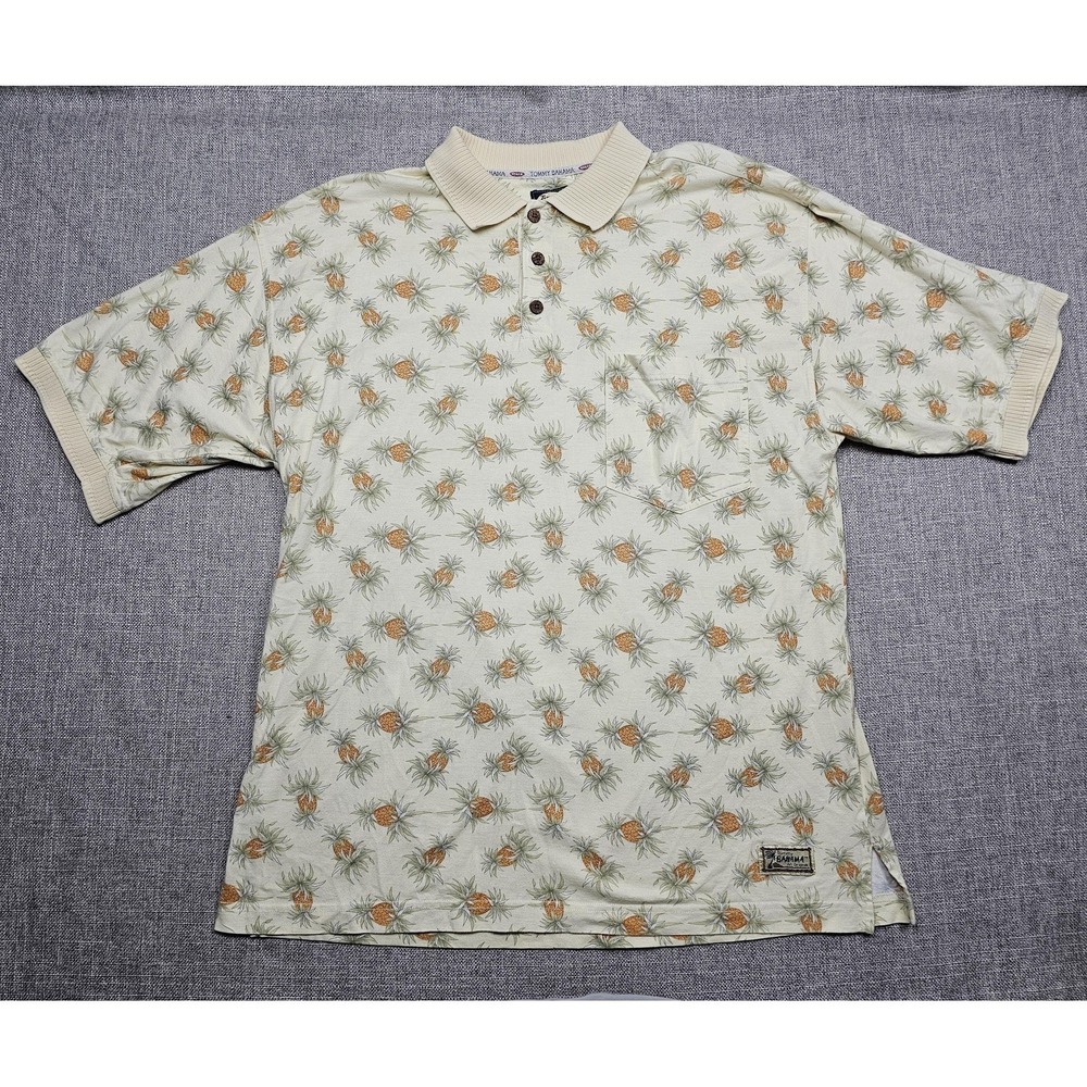 Tommy Bahama Shirt Mens‎ Large Beige Pineapple Print Polo Hawaiian Cotton